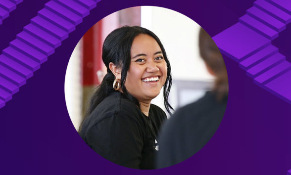 Pathways_Takura_Matenga_Nov_2021-1920×600 Headshot of smiling woman against purple background with graphic stairs.