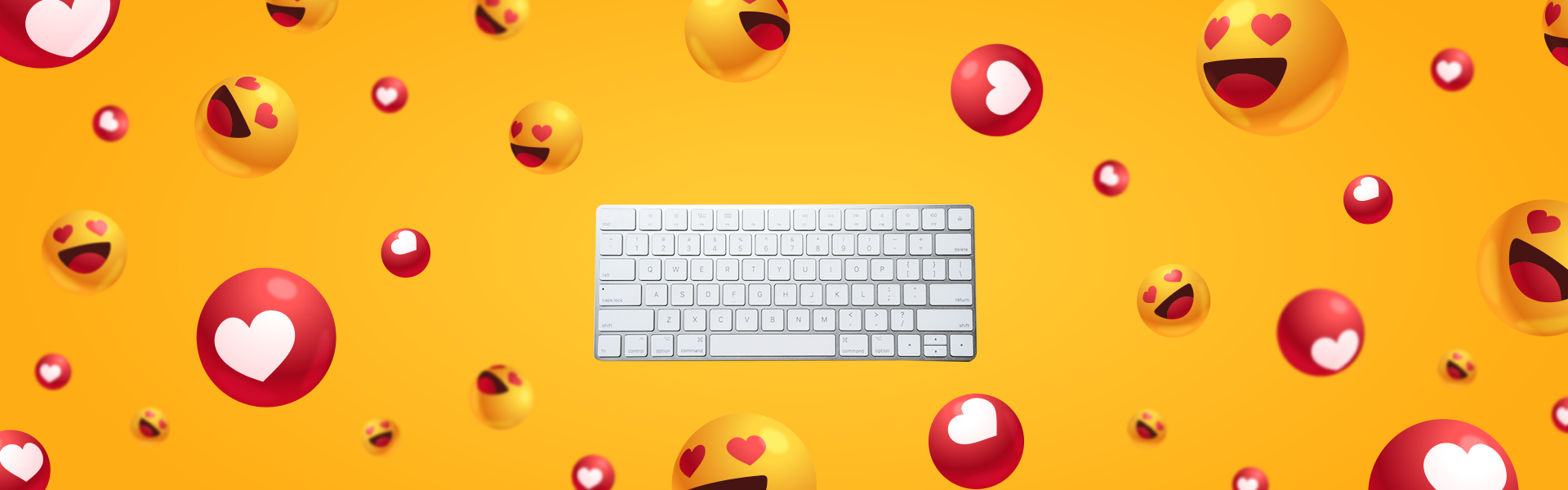 Image of a computer keyboard on a tiled yellow background featuring emojis
