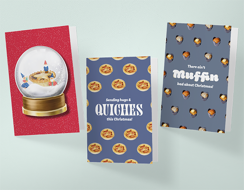 3 examples of Christmas card design artwork depicting pastries