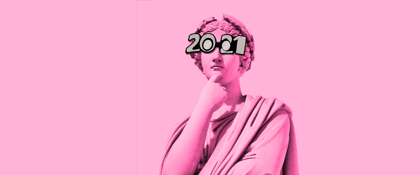 Ancient Greek-style bust in thinking pose with 2021 glasses in pink wash