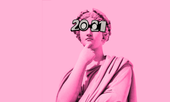 What we had to learn (and unlearn) in 2021_Blog Header Ancient Greek-style bust in thinking pose with 2021 glasses in pink wash