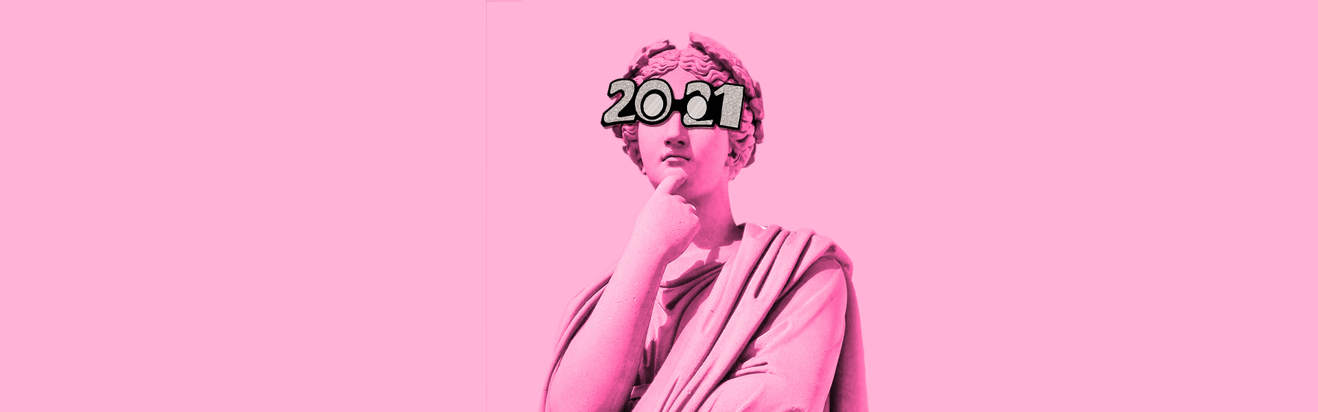 Ancient Greek-style bust in thinking pose with 2021 glasses in pink wash