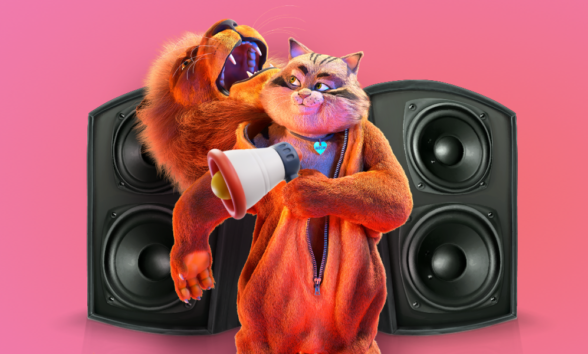 Graphic cat in a lion's costume with audio speakers against a pink background.