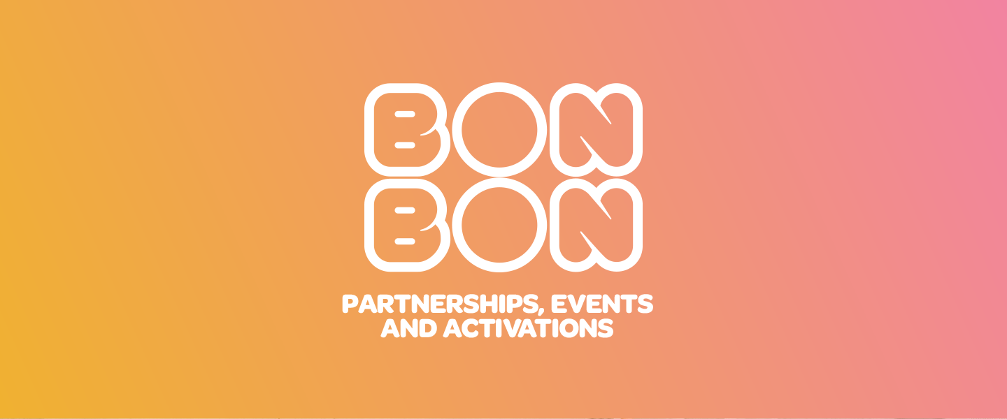 BonBon logo and text on gradient orange and pink background