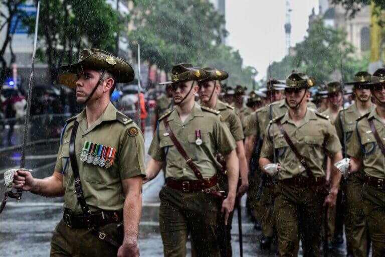 ANZAC Day Parade Brisbane Army Veterans marching in ANZAC Day Parade Brisbane