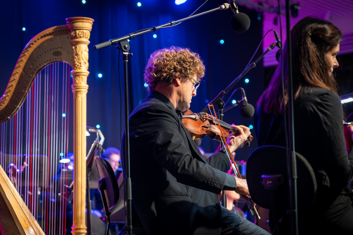 Image of harp and violin player in orchestra