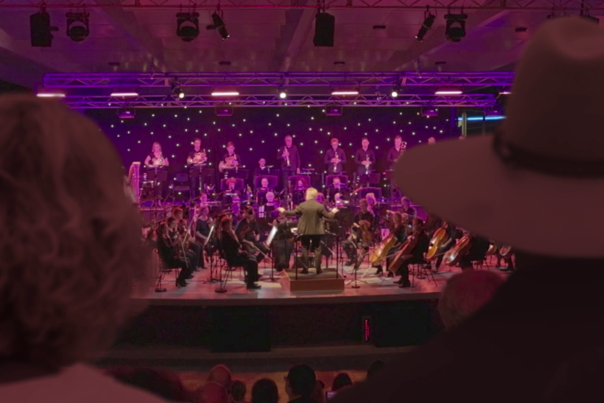 Aruga case study FEATURE banner (1200 x 800 px) (3) Image of the back of two peoples heads as they watch an orchestra play