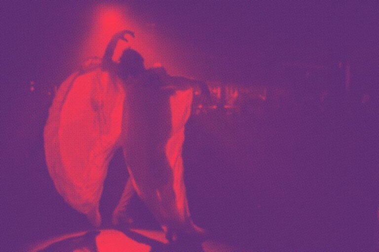Purple background with orange silhouette of a person dancing