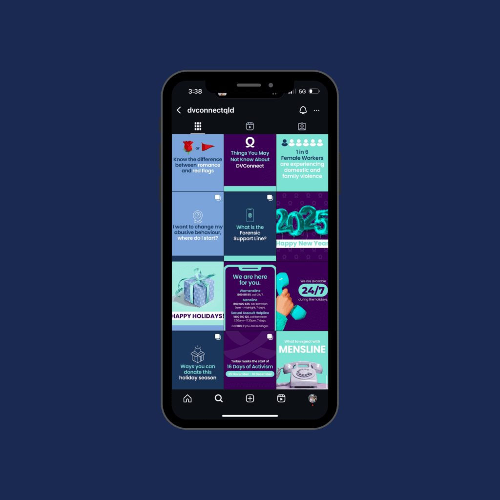 Mobile phone showing DV Connect's Instagram grid. Navy background with blue, purple, and aqua colourways