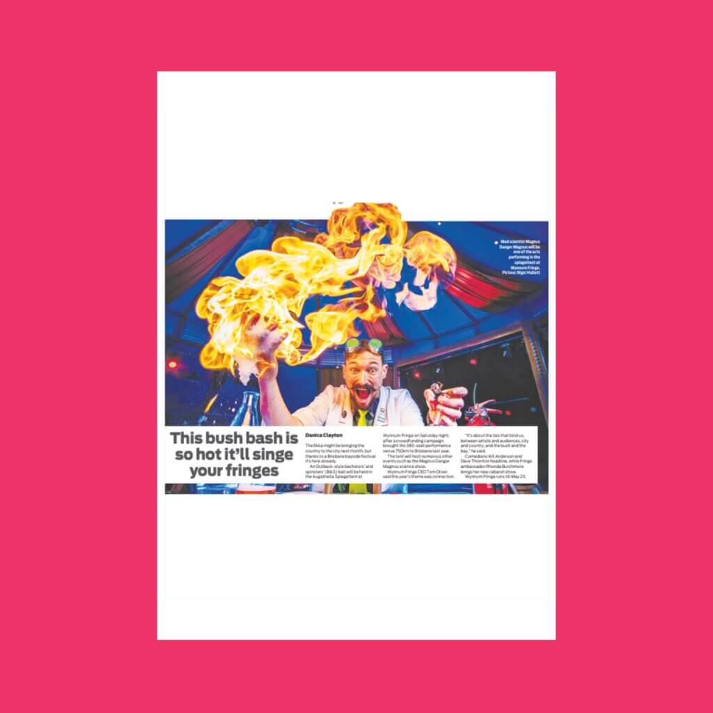 Hot pink background with newspaper in centre displaying a mad scientist surrounded by fire, leaning towards camera.