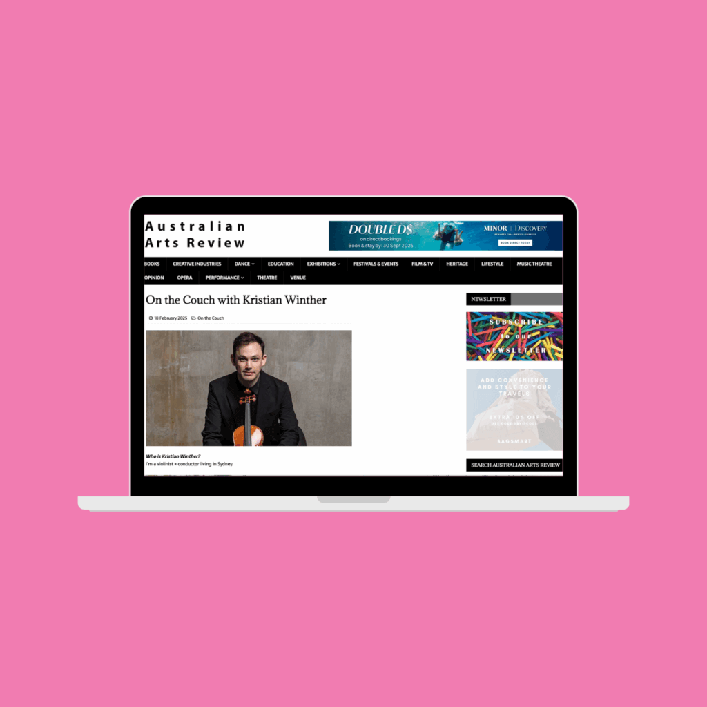 Laptop displaying Australian Art Review article, featuring Kristian Winther.
